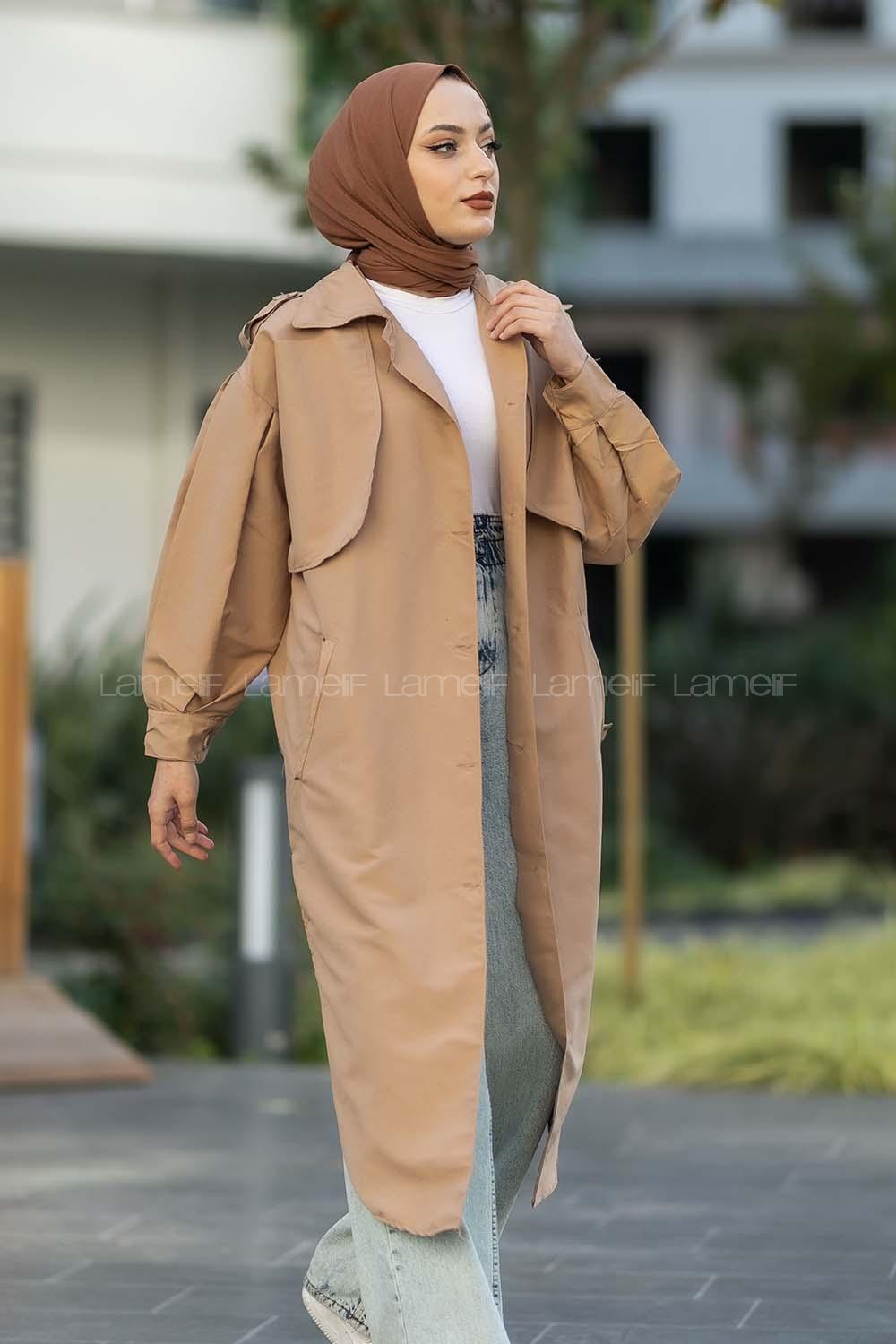 Modalamelif Yırtmaç Detaylı Önü Boydan Düğmeli Salaş Trenç Bej