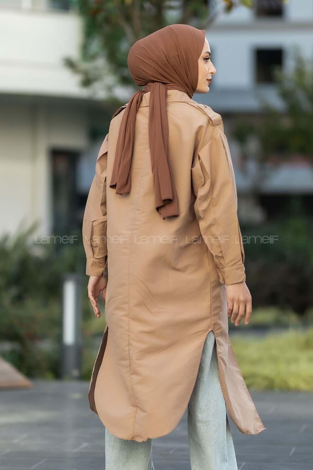 Modalamelif Yırtmaç Detaylı Önü Boydan Düğmeli Salaş Trenç Bej