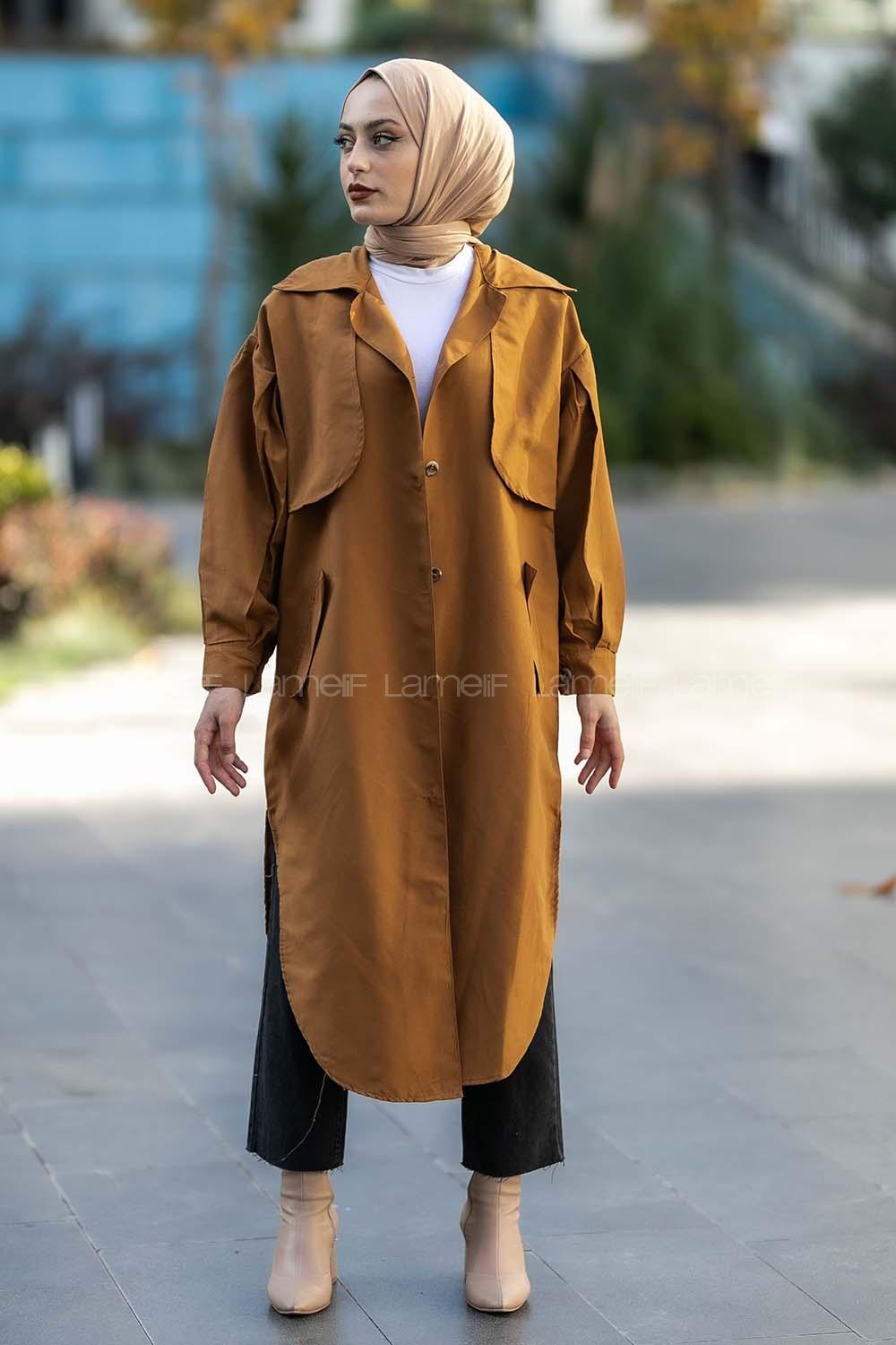 Modalamelif Yırtmaç Detaylı Önü Boydan Düğmeli Salaş Trenç Camel