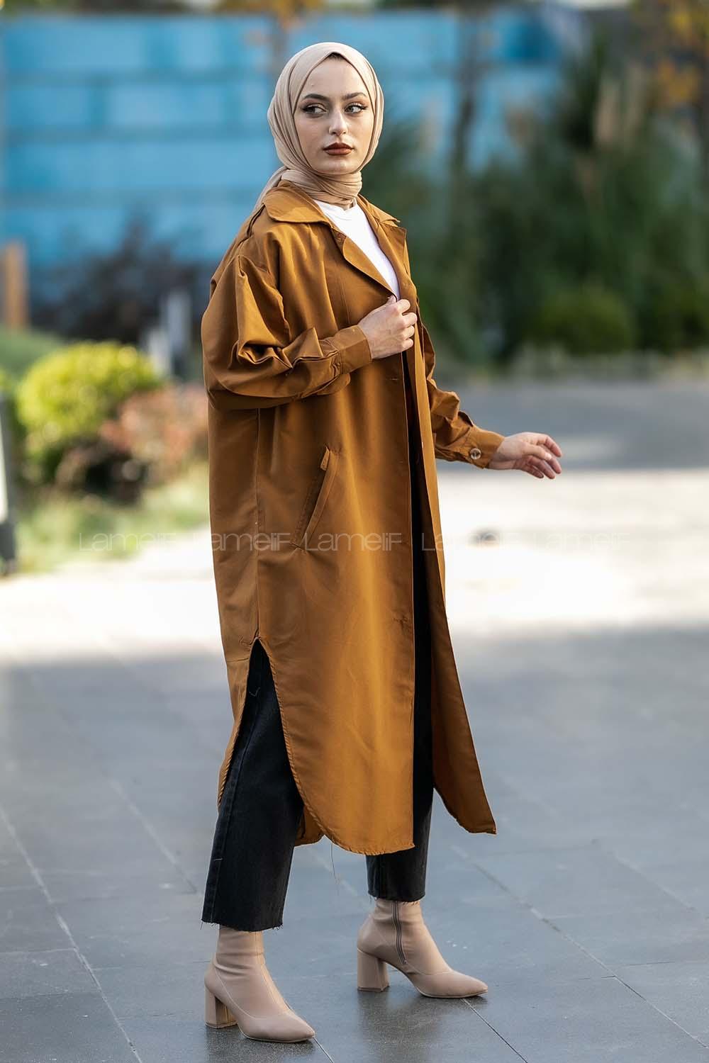 Modalamelif Yırtmaç Detaylı Önü Boydan Düğmeli Salaş Trenç Camel