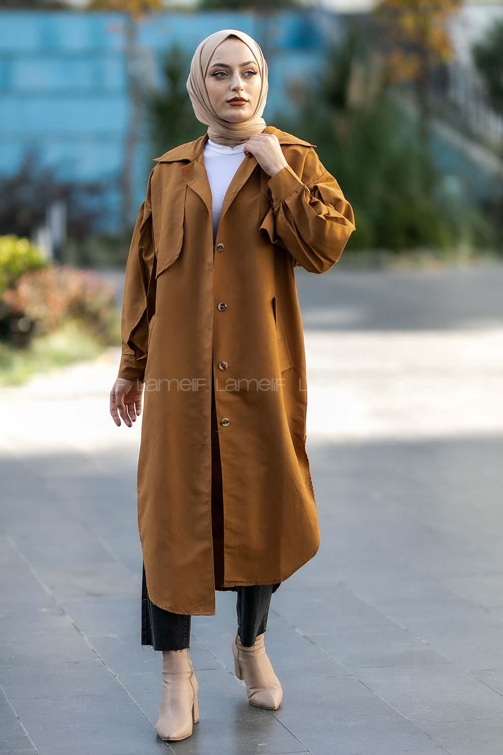 Modalamelif Yırtmaç Detaylı Önü Boydan Düğmeli Salaş Trenç Camel