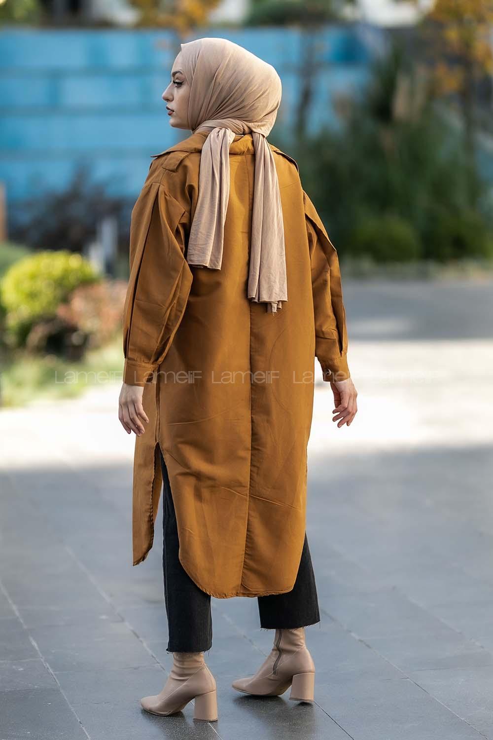 Modalamelif Yırtmaç Detaylı Önü Boydan Düğmeli Salaş Trenç Camel