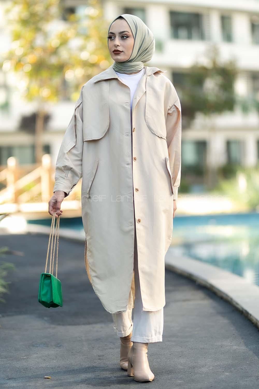 Modalamelif Yırtmaç Detaylı Önü Boydan Düğmeli Salaş Trenç Taş