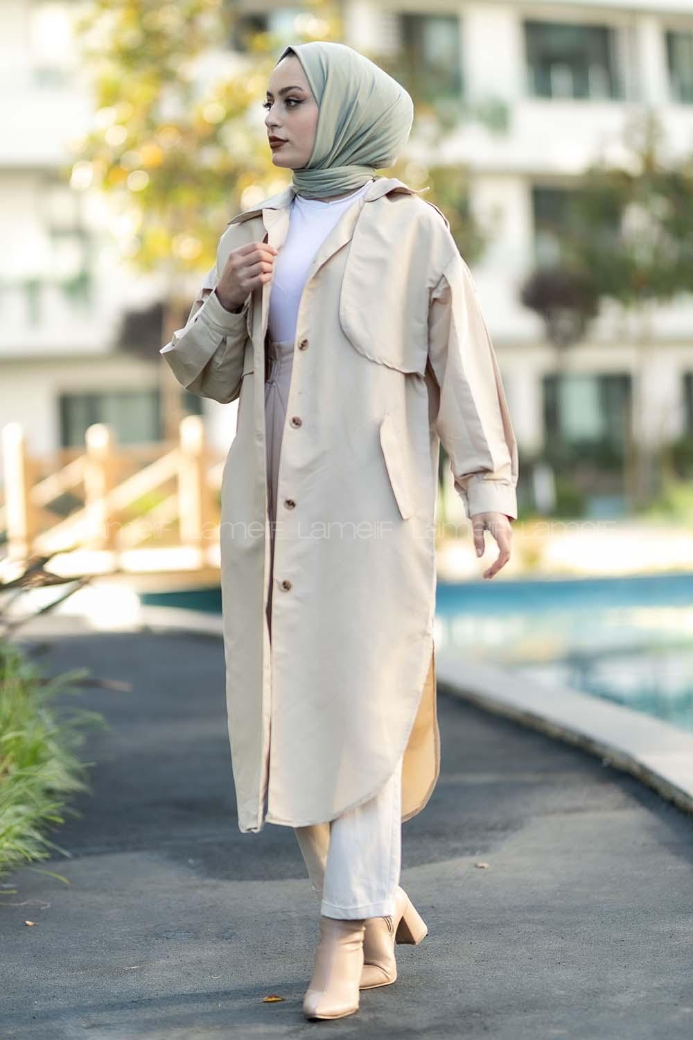 Modalamelif Yırtmaç Detaylı Önü Boydan Düğmeli Salaş Trenç Taş