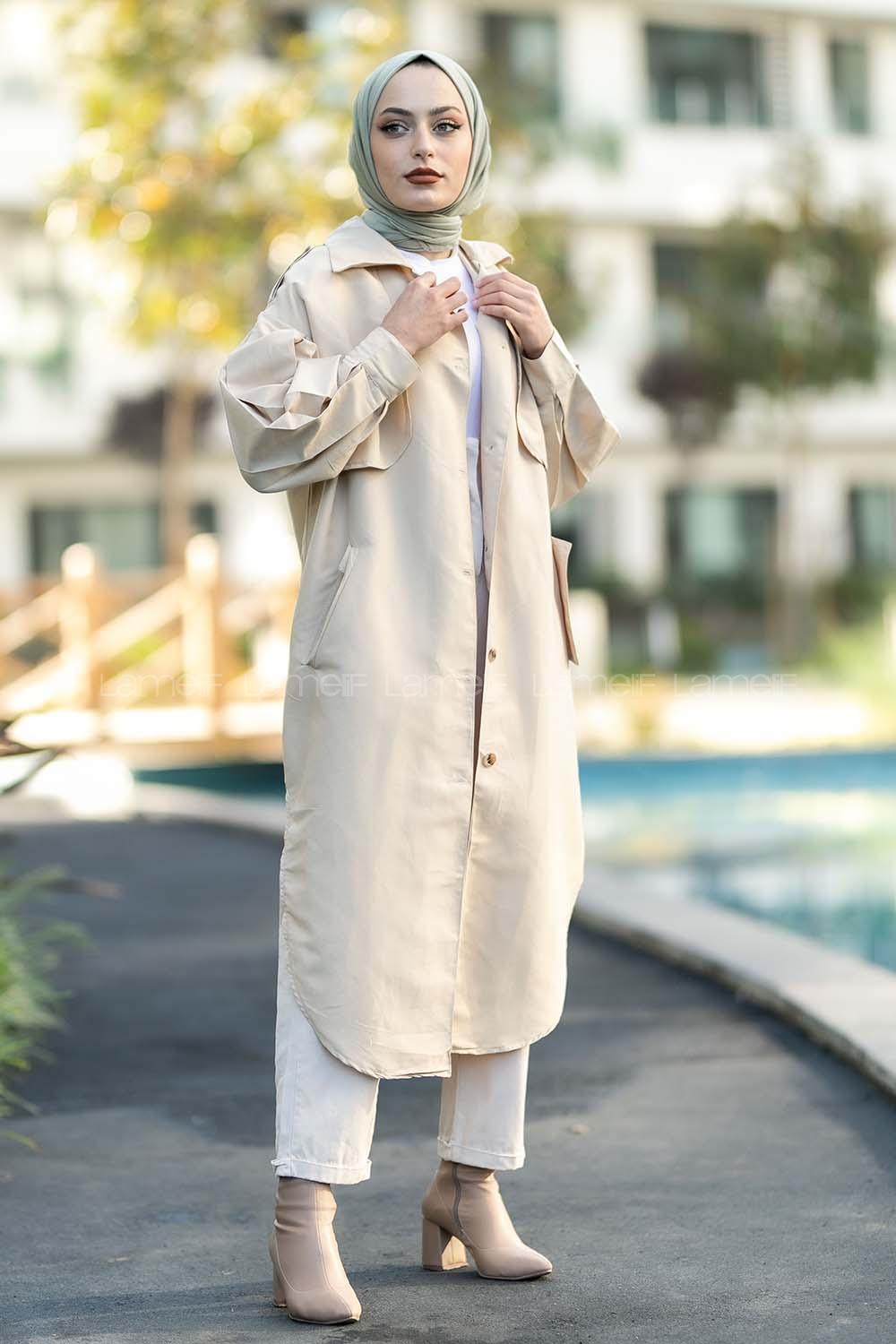 Modalamelif Yırtmaç Detaylı Önü Boydan Düğmeli Salaş Trenç Taş