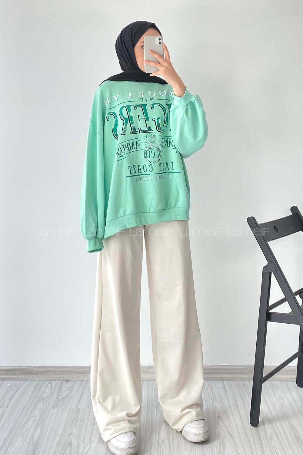 Modalamelif Bisiklet Yaka Brooklyn Yazı Baskılı Sweat Mint