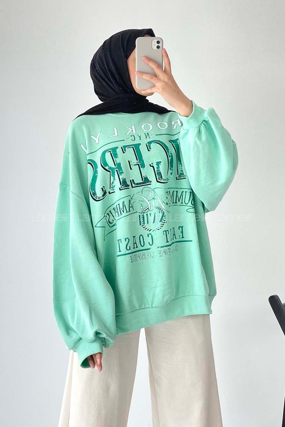 Modalamelif Bisiklet Yaka Brooklyn Yazı Baskılı Sweat Mint