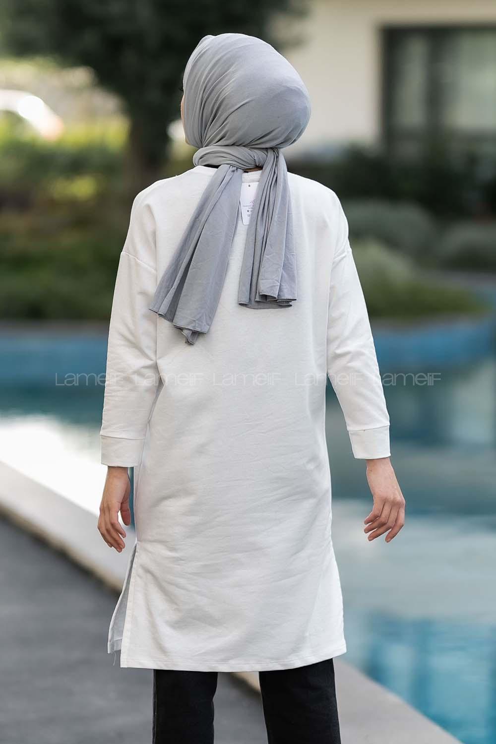 Modalamelif Bisiklet Yaka California Yazı Baskılı Yırtmaçlı Tunik Beyaz