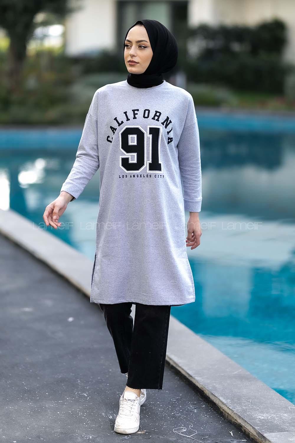 Modalamelif Bisiklet Yaka California Yazı Baskılı Yırtmaçlı Tunik Gri