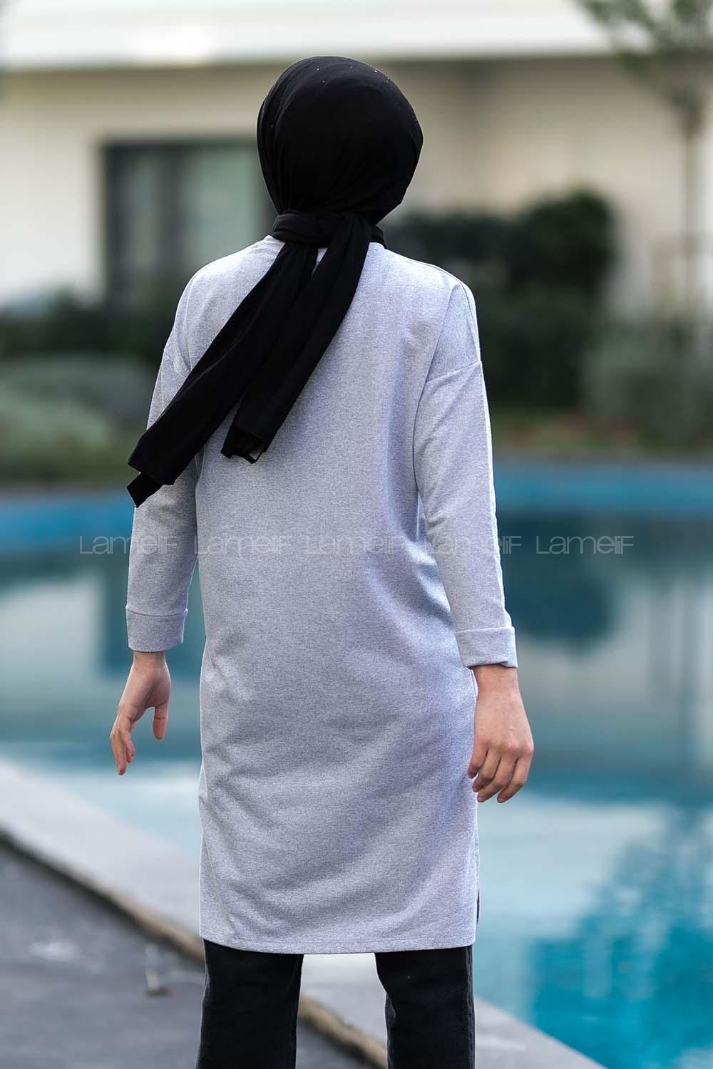 Modalamelif Bisiklet Yaka California Yazı Baskılı Yırtmaçlı Tunik Gri