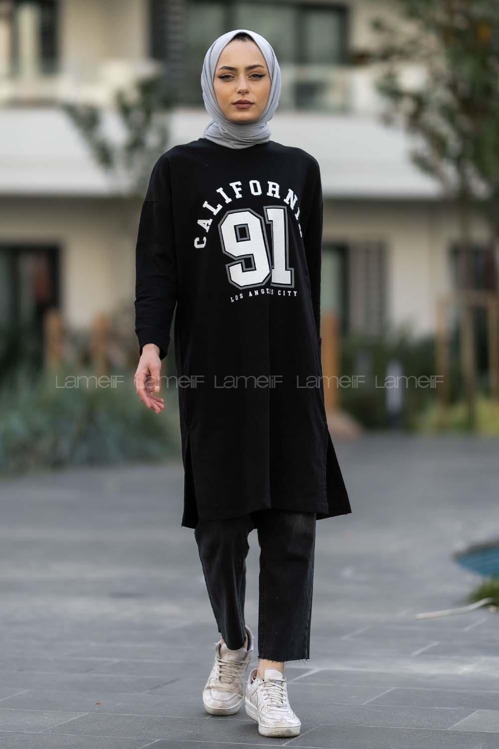 Modalamelif Bisiklet Yaka California Yazı Baskılı Yırtmaçlı Tunik Siyah