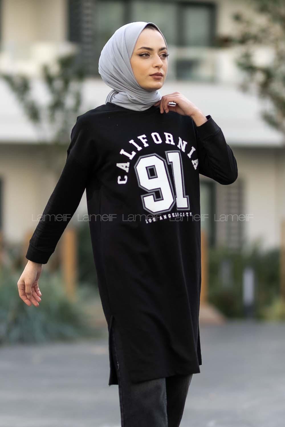 Modalamelif Bisiklet Yaka California Yazı Baskılı Yırtmaçlı Tunik Siyah