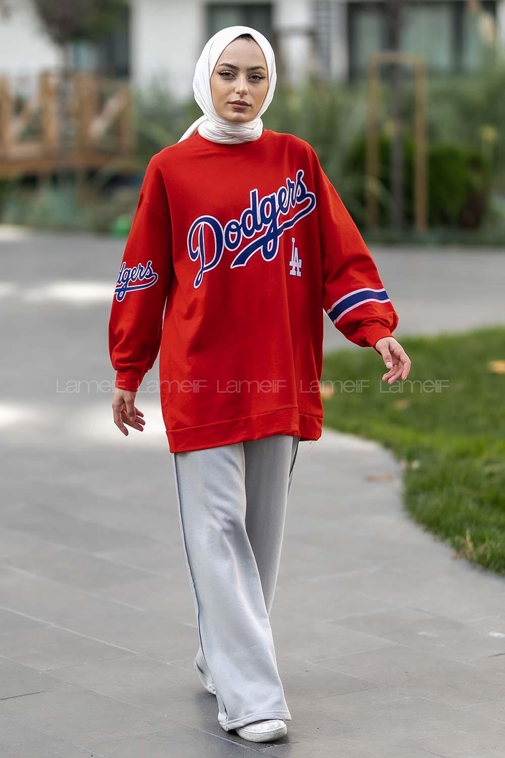 Modalamelif Bisiklet Yaka Dodgers Yazı Baskılı Tunik Kırmızı