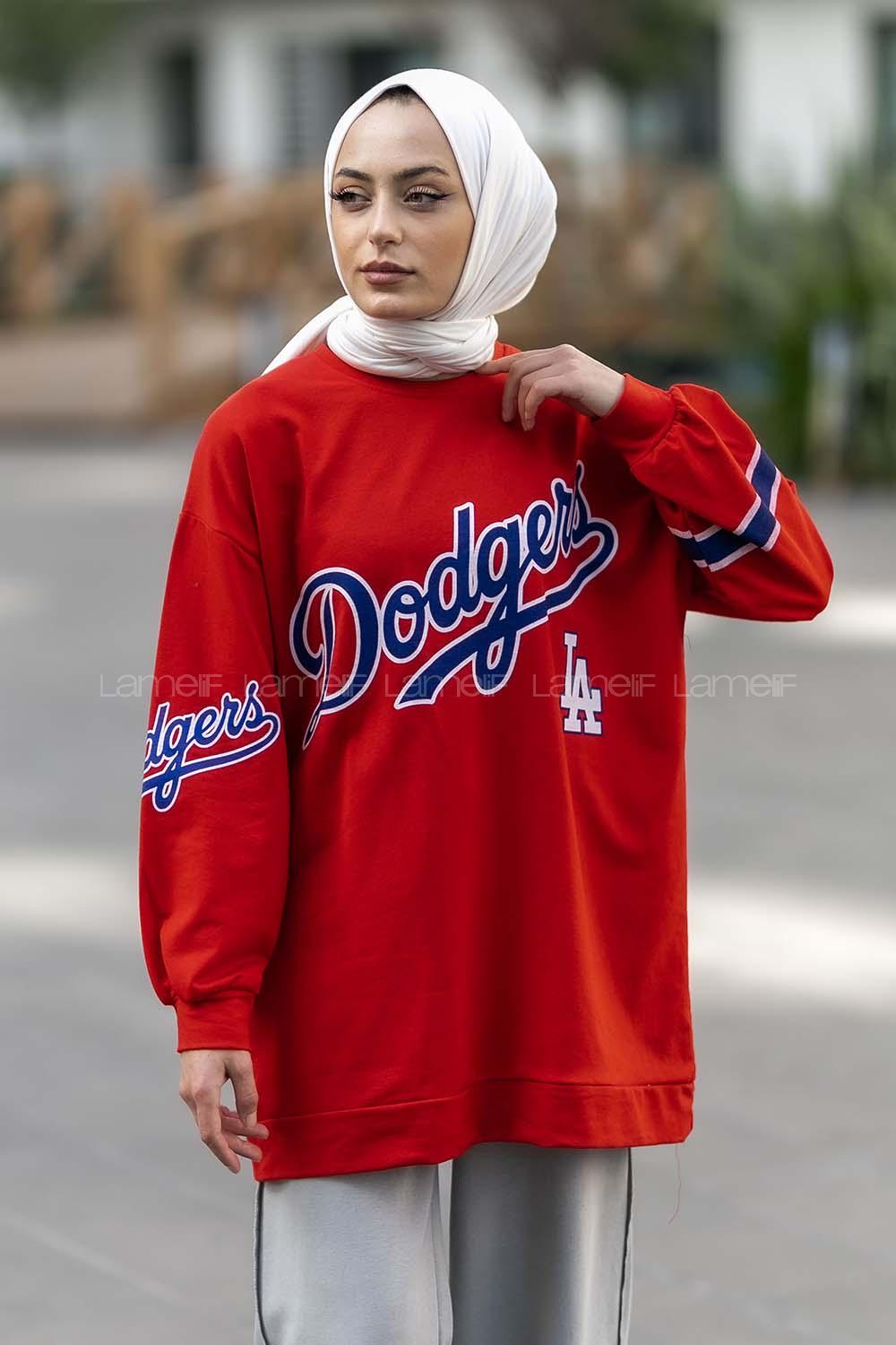 Modalamelif Bisiklet Yaka Dodgers Yazı Baskılı Tunik Kırmızı