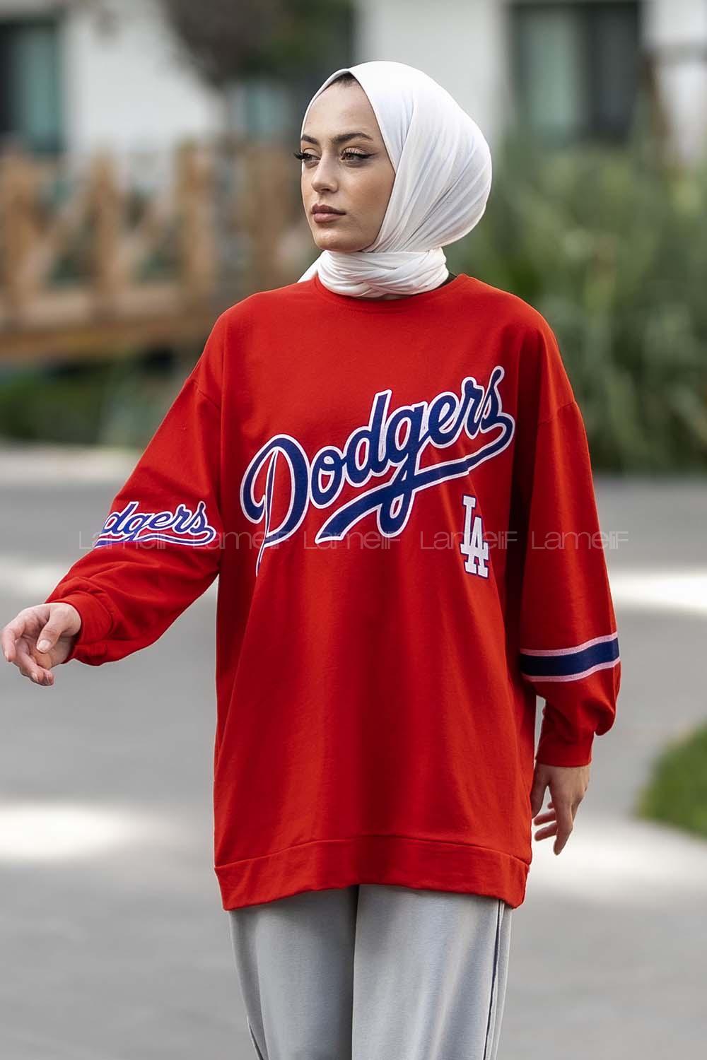 Modalamelif Bisiklet Yaka Dodgers Yazı Baskılı Tunik Kırmızı
