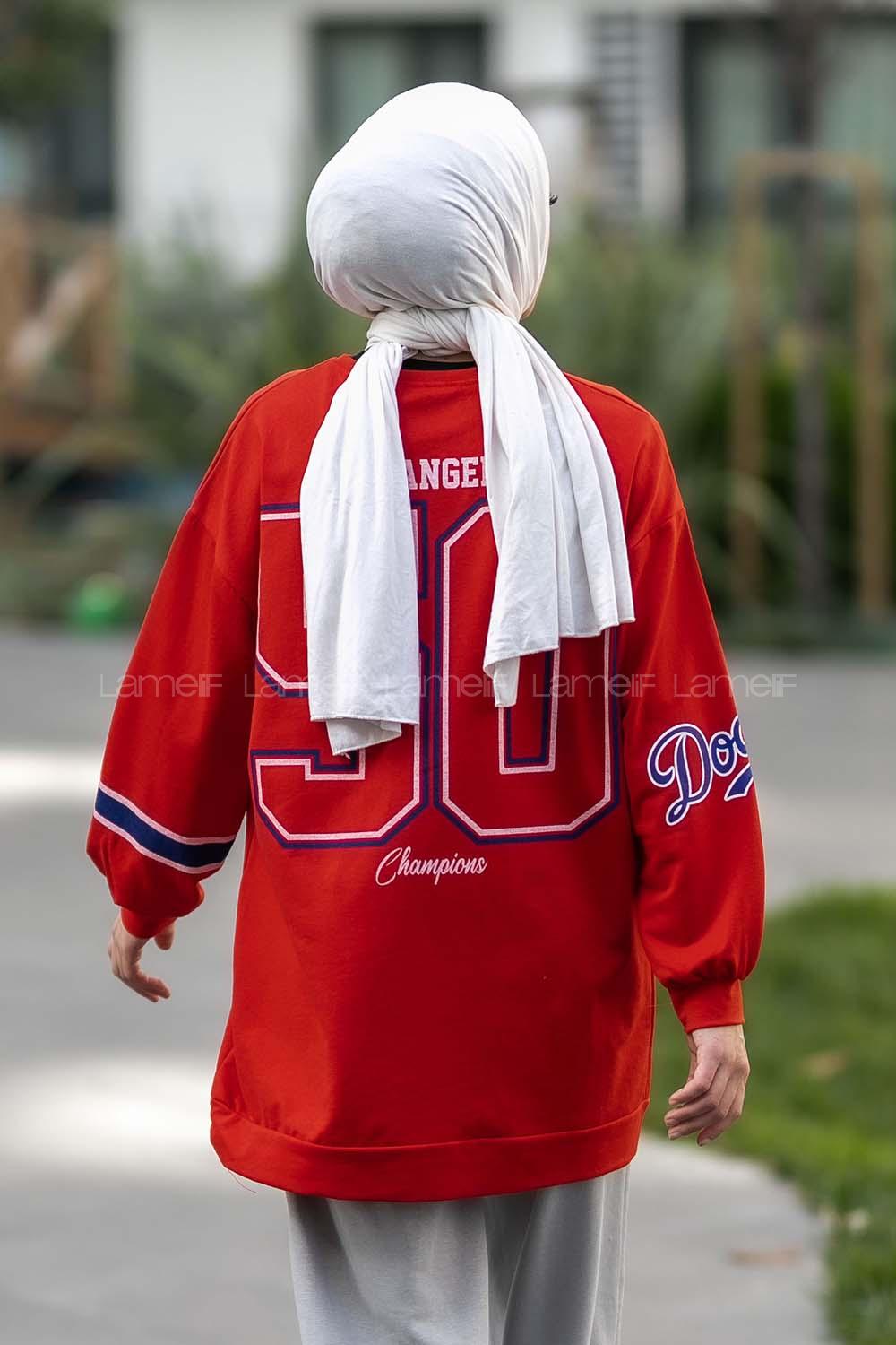 Modalamelif Bisiklet Yaka Dodgers Yazı Baskılı Tunik Kırmızı