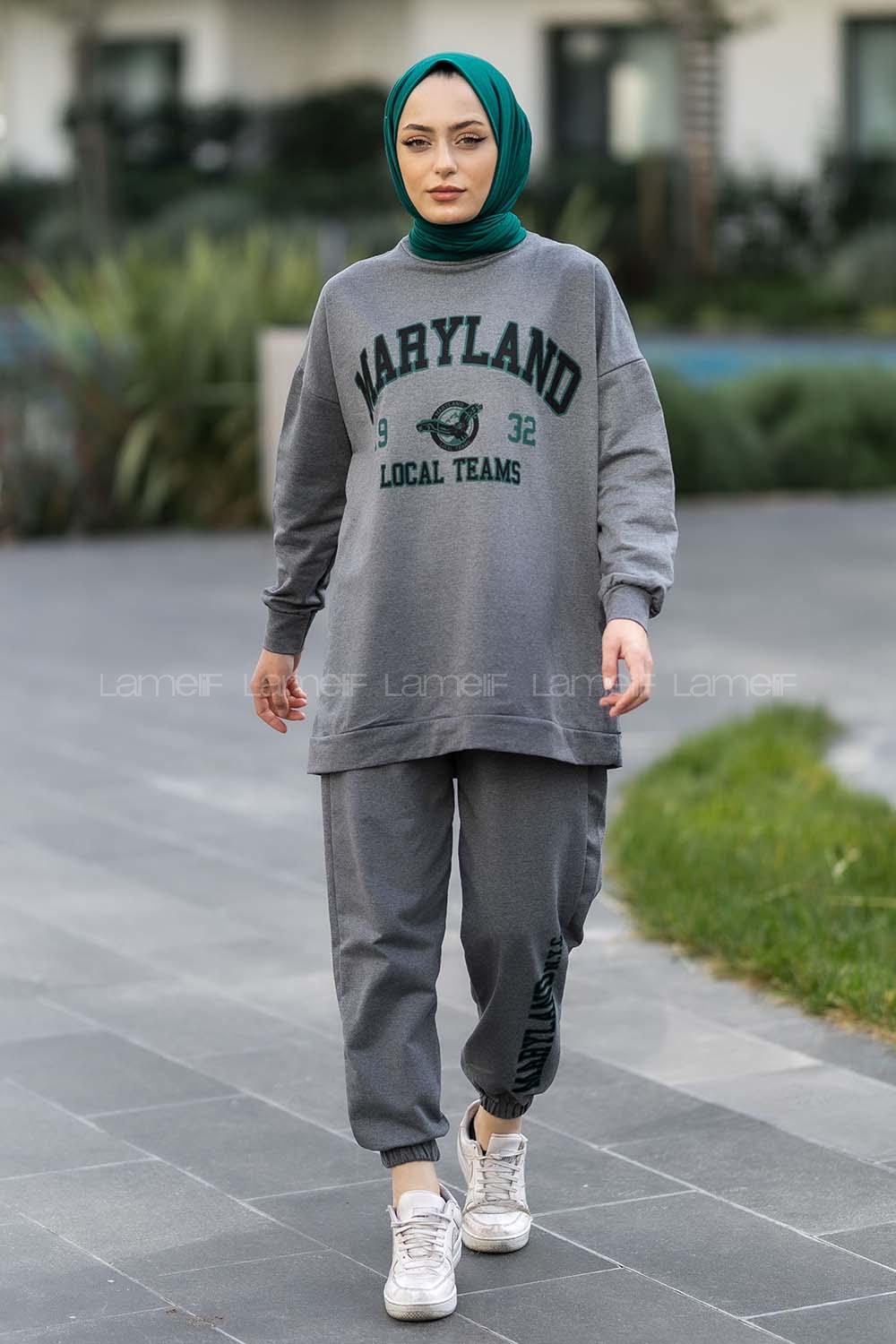 Modalamelif Bisiklet Yaka Maryland Yazı Baskılı Detaylı Takım Gri