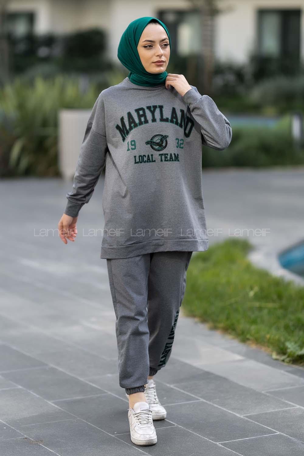 Modalamelif Bisiklet Yaka Maryland Yazı Baskılı Detaylı Takım Gri
