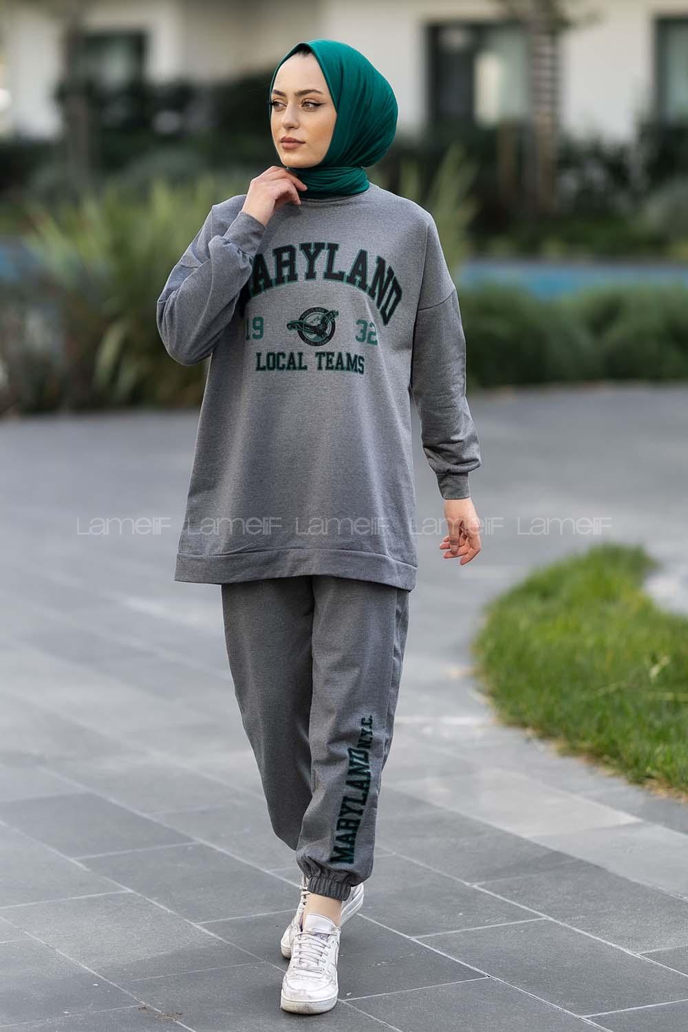 Modalamelif Bisiklet Yaka Maryland Yazı Baskılı Detaylı Takım Gri