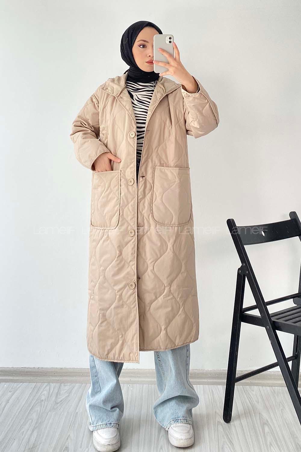 Modalamelif Kapüşon Detaylı Çift Cepli Kapitone Mont Bej