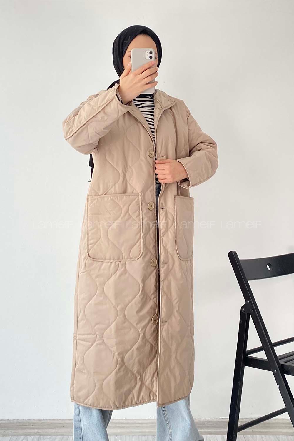 Modalamelif Kapüşon Detaylı Çift Cepli Kapitone Mont Bej