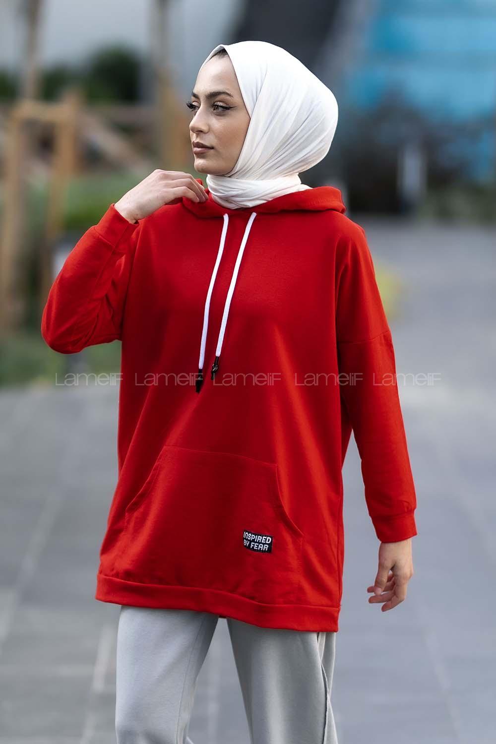 Modalamelif Kapüşon Detaylı Kanguru Cepli Arma Nakışlı Sweat Kırmızı