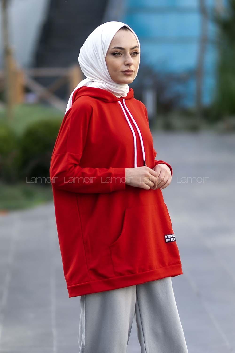 Modalamelif Kapüşon Detaylı Kanguru Cepli Arma Nakışlı Sweat Kırmızı
