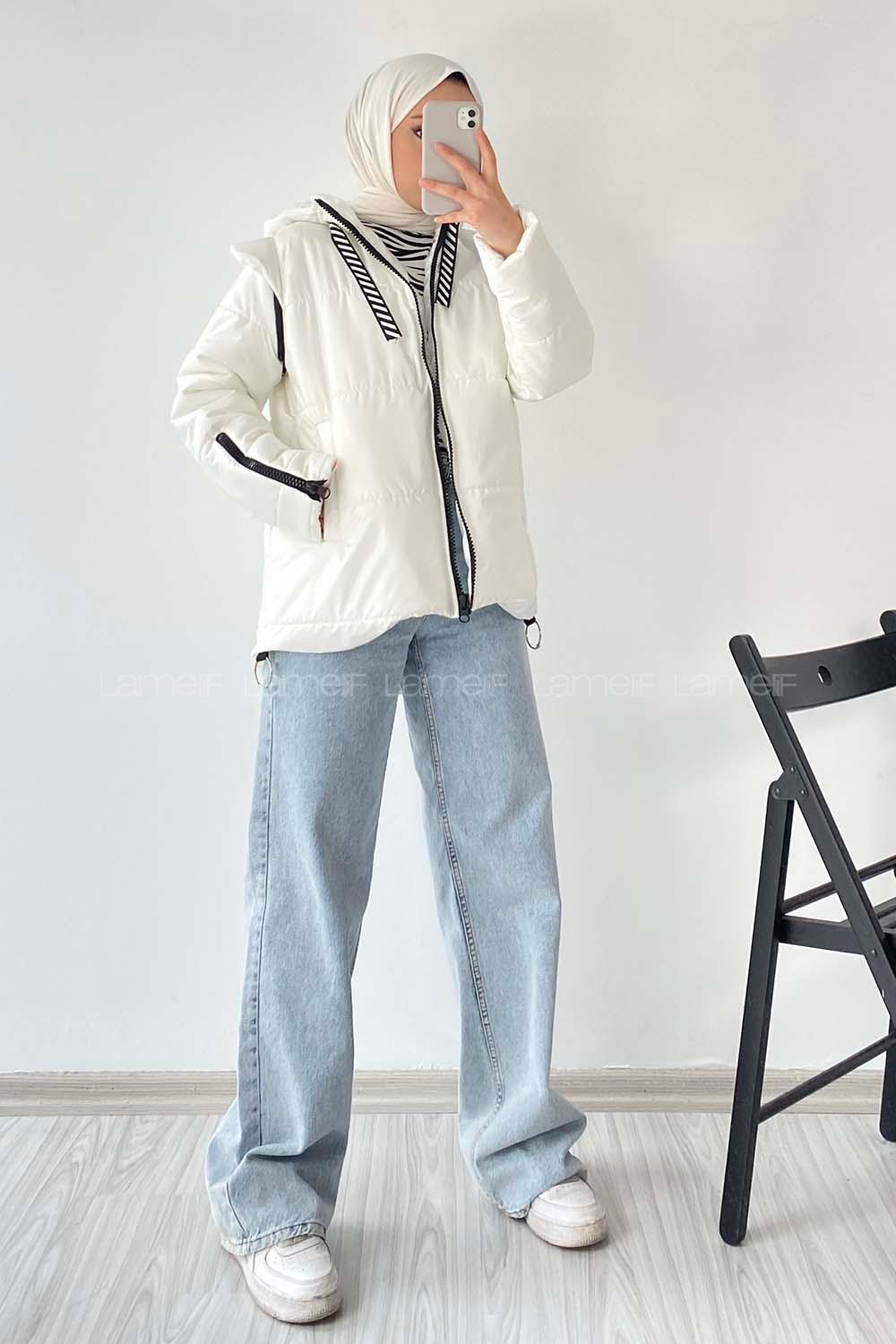 Modalamelif Kapüşon Detaylı Kol Fermuar Detaylı Yelek Mont Beyaz