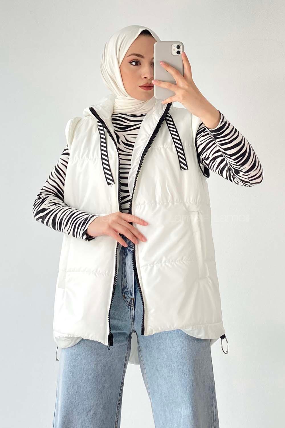 Modalamelif Kapüşon Detaylı Kol Fermuar Detaylı Yelek Mont Beyaz