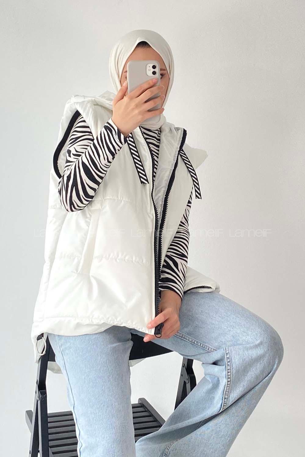 Modalamelif Kapüşon Detaylı Kol Fermuar Detaylı Yelek Mont Beyaz