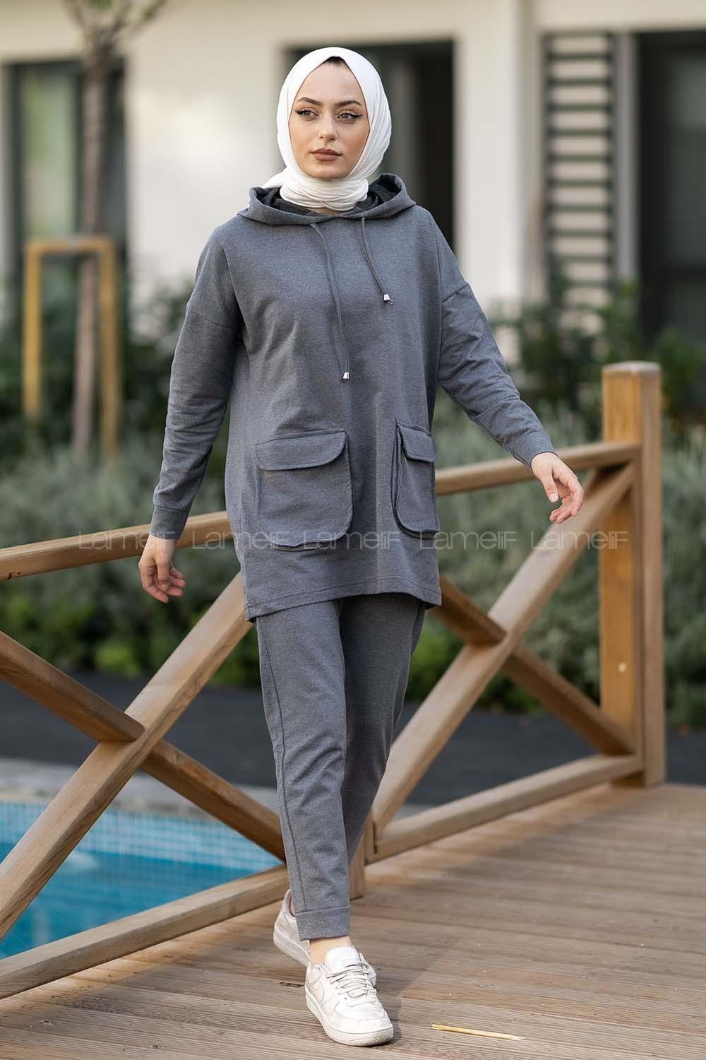 Modalamelif Kapüşon Yaka Torba Kapak Cepli İkili Takım Gri