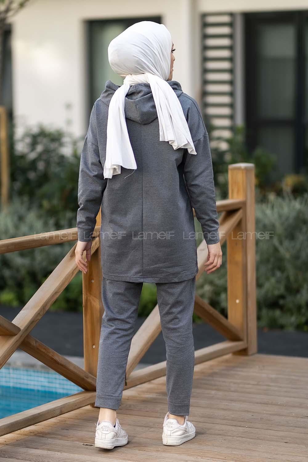 Modalamelif Kapüşon Yaka Torba Kapak Cepli İkili Takım Gri