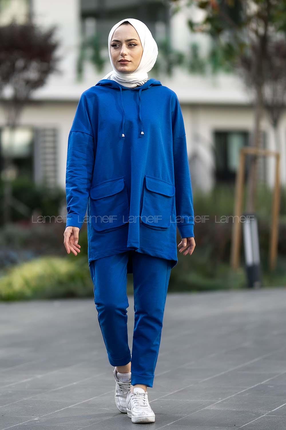 Modalamelif Kapüşon Yaka Torba Kapak Cepli İkili Takım İndigo