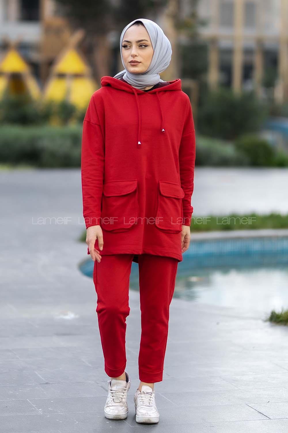 Modalamelif Kapüşon Yaka Torba Kapak Cepli İkili Takım Kırmızı