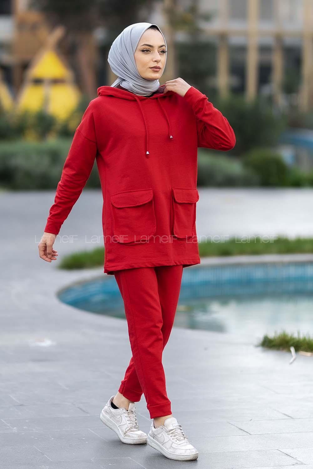 Modalamelif Kapüşon Yaka Torba Kapak Cepli İkili Takım Kırmızı