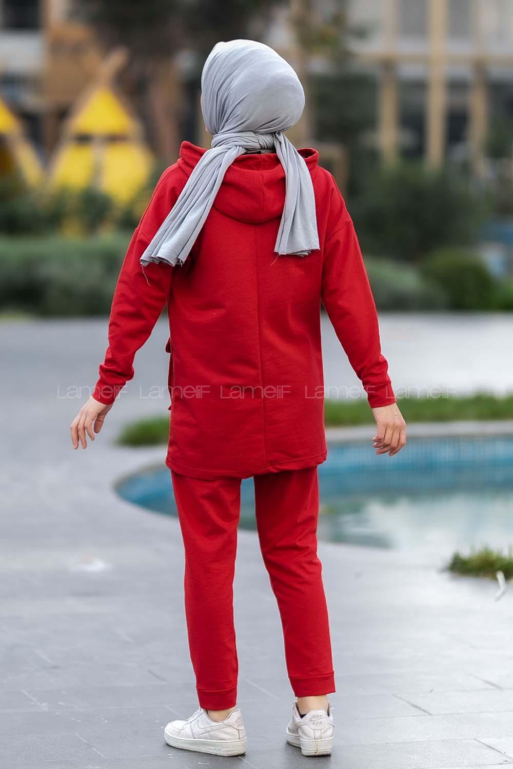 Modalamelif Kapüşon Yaka Torba Kapak Cepli İkili Takım Kırmızı