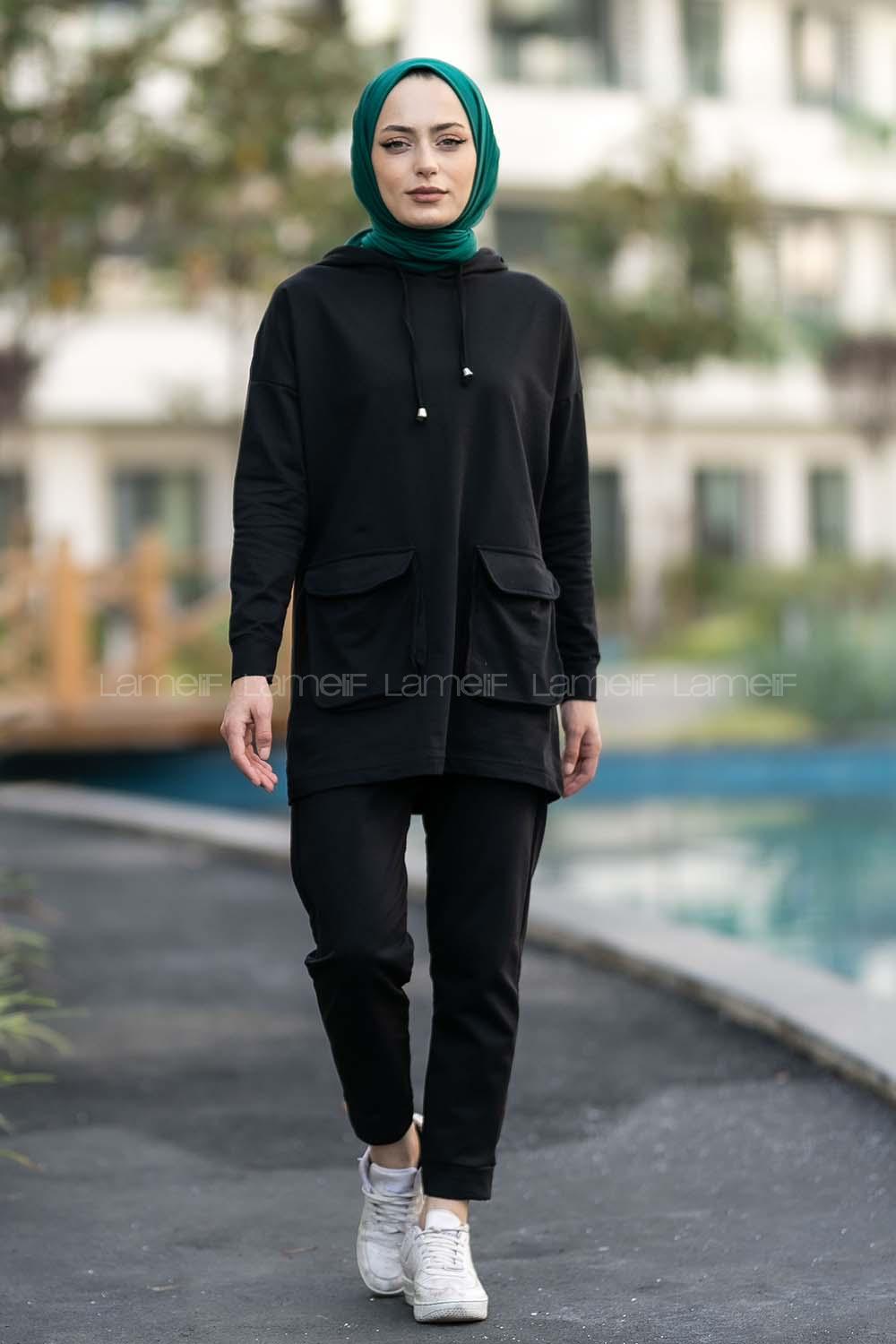 Modalamelif Kapüşon Yaka Torba Kapak Cepli İkili Takım Siyah