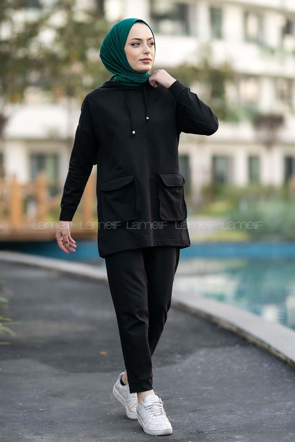 Modalamelif Kapüşon Yaka Torba Kapak Cepli İkili Takım Siyah