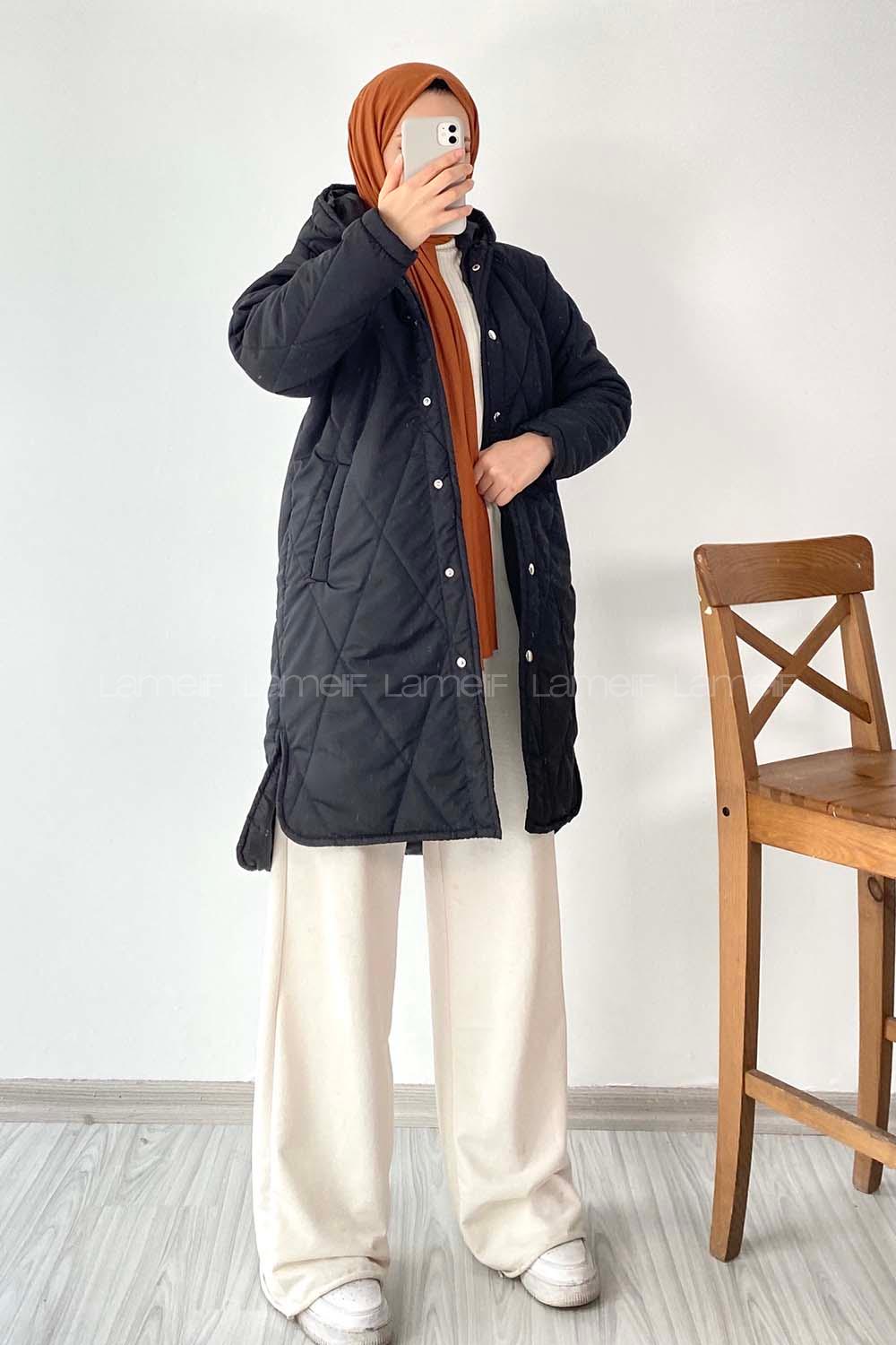 Modalamelif Kapüşonlu Çift Cepli Çıtçıt Düğme Şişme Mont Siyah