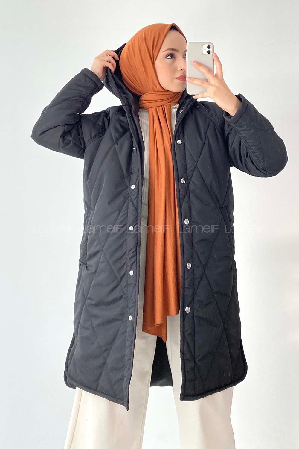 Modalamelif Kapüşonlu Çift Cepli Çıtçıt Düğme Şişme Mont Siyah