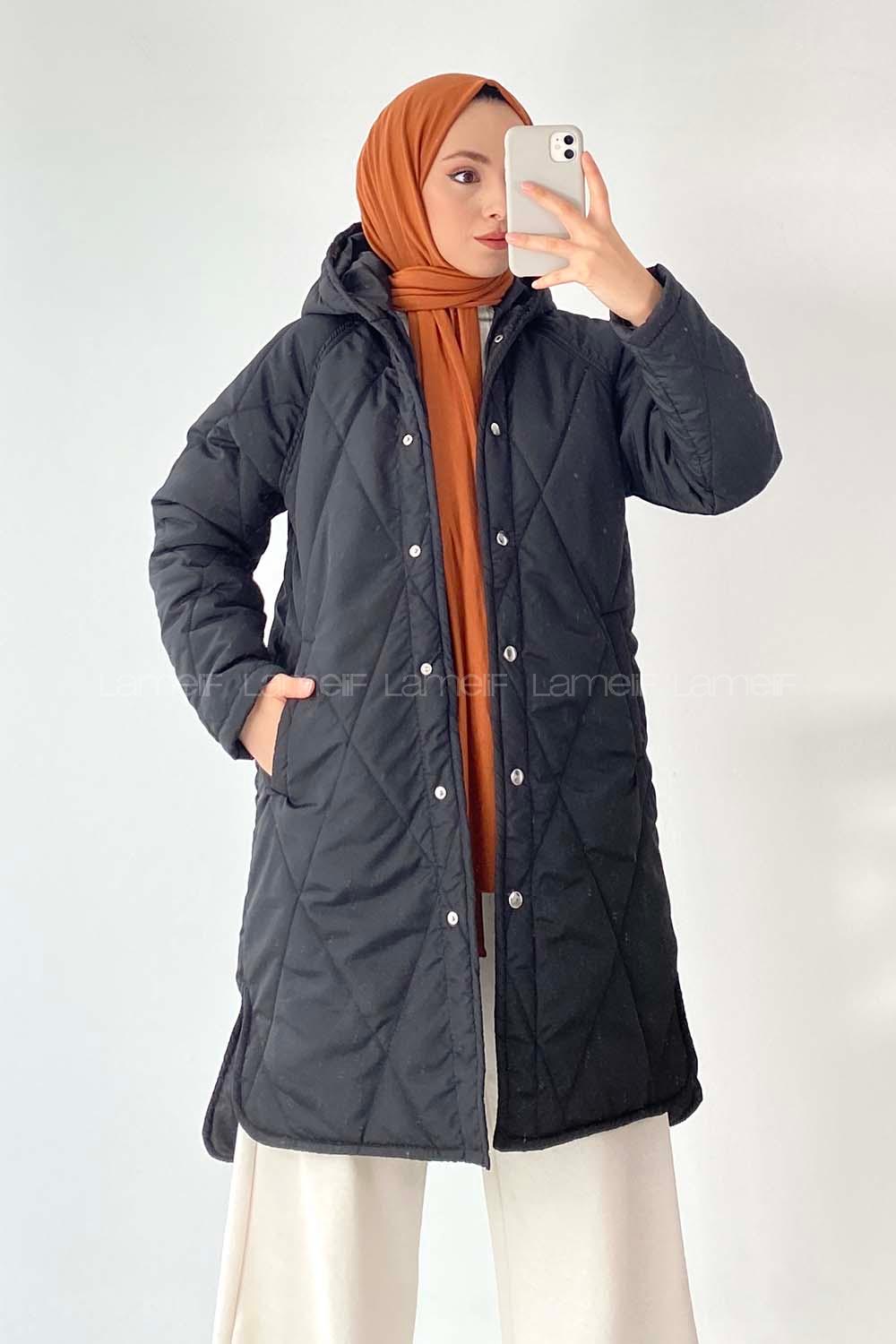 Modalamelif Kapüşonlu Çift Cepli Çıtçıt Düğme Şişme Mont Siyah