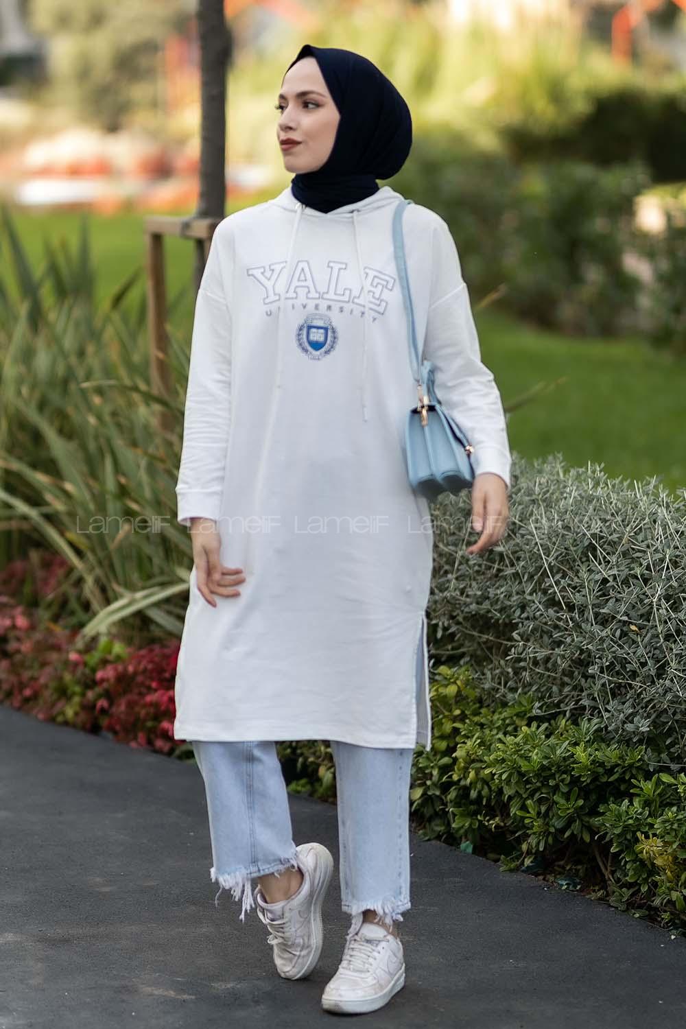 Modalamelif Kapüşonlu Yale Yazı Baskılı Yırtmaçlı Tunik Beyaz