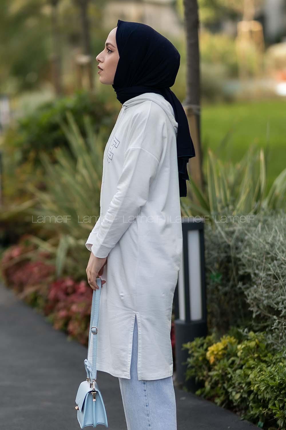 Modalamelif Kapüşonlu Yale Yazı Baskılı Yırtmaçlı Tunik Beyaz