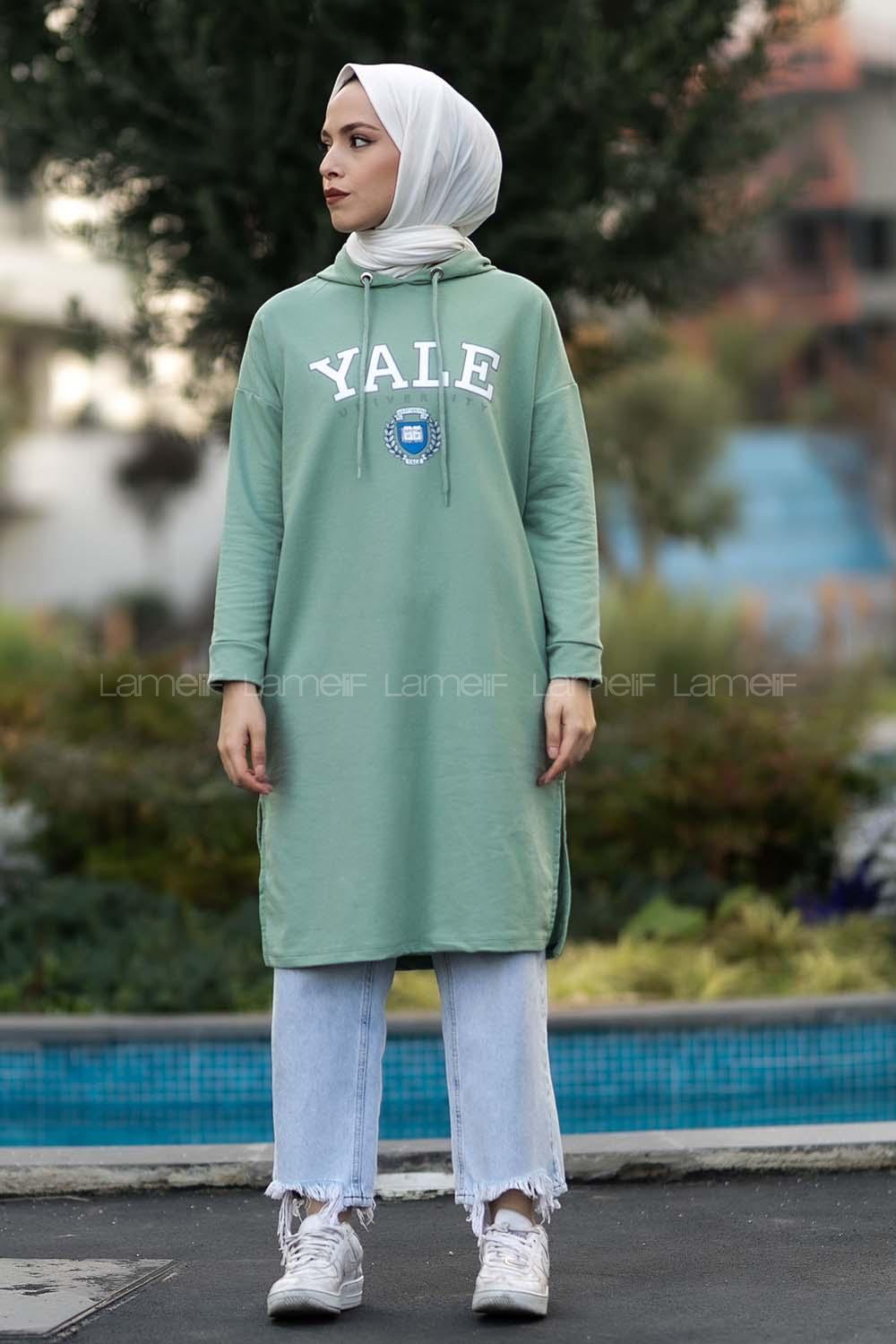 Modalamelif Kapüşonlu Yale Yazı Baskılı Yırtmaçlı Tunik Çağla Yeşili