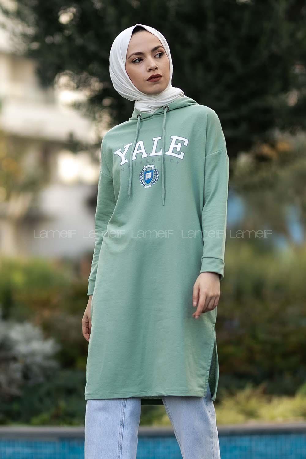 Modalamelif Kapüşonlu Yale Yazı Baskılı Yırtmaçlı Tunik Çağla Yeşili