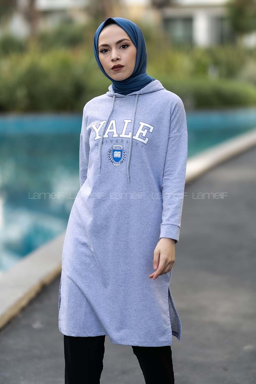 Modalamelif Kapüşonlu Yale Yazı Baskılı Yırtmaçlı Tunik Gri