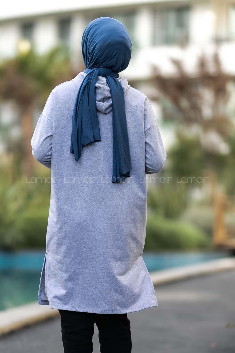 Modalamelif Kapüşonlu Yale Yazı Baskılı Yırtmaçlı Tunik Gri