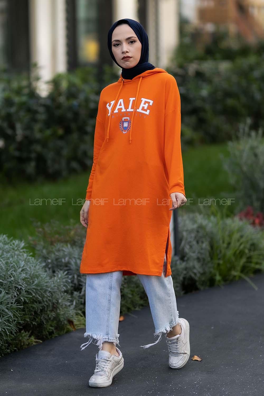 Modalamelif Kapüşonlu Yale Yazı Baskılı Yırtmaçlı Tunik Oranj