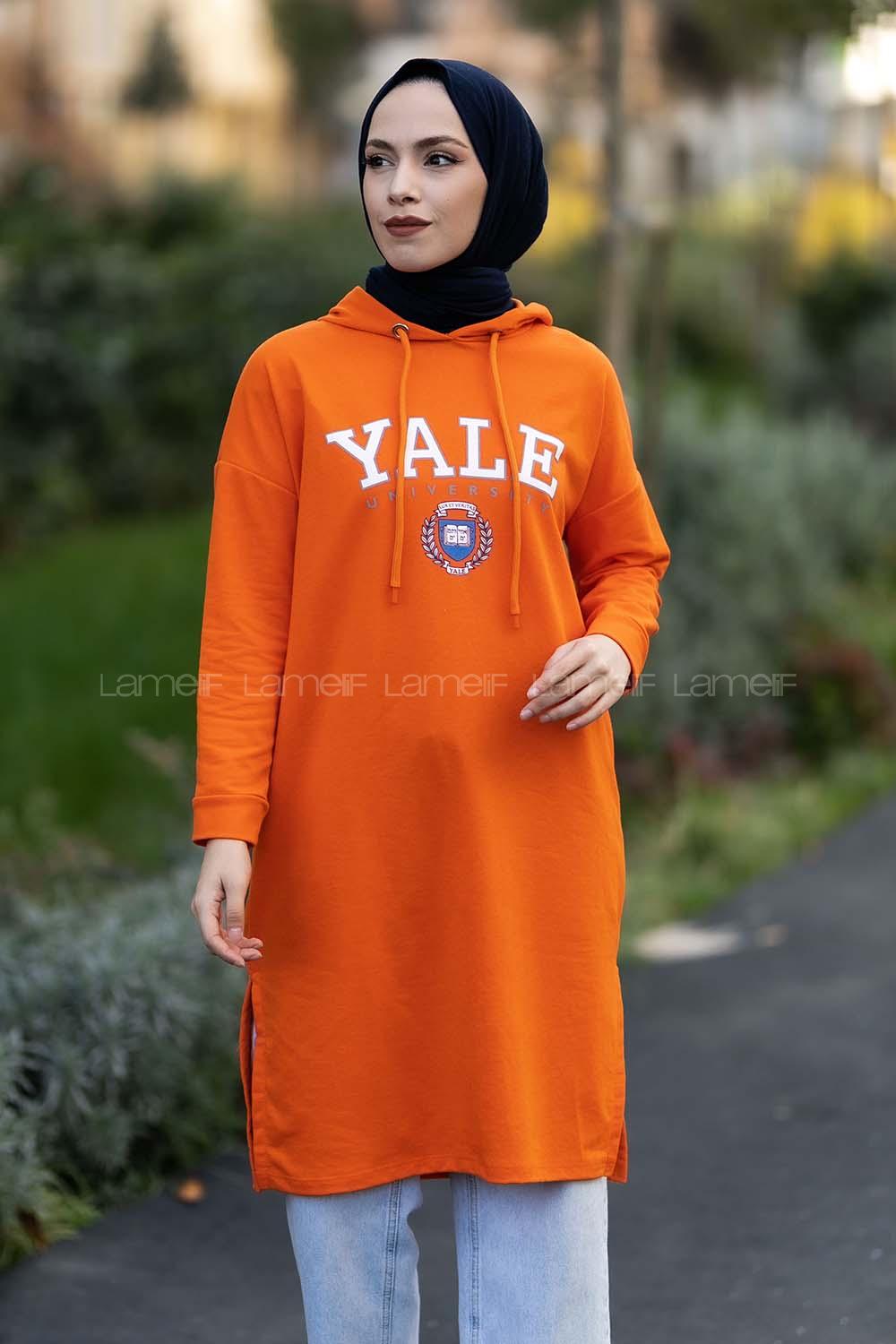 Modalamelif Kapüşonlu Yale Yazı Baskılı Yırtmaçlı Tunik Oranj