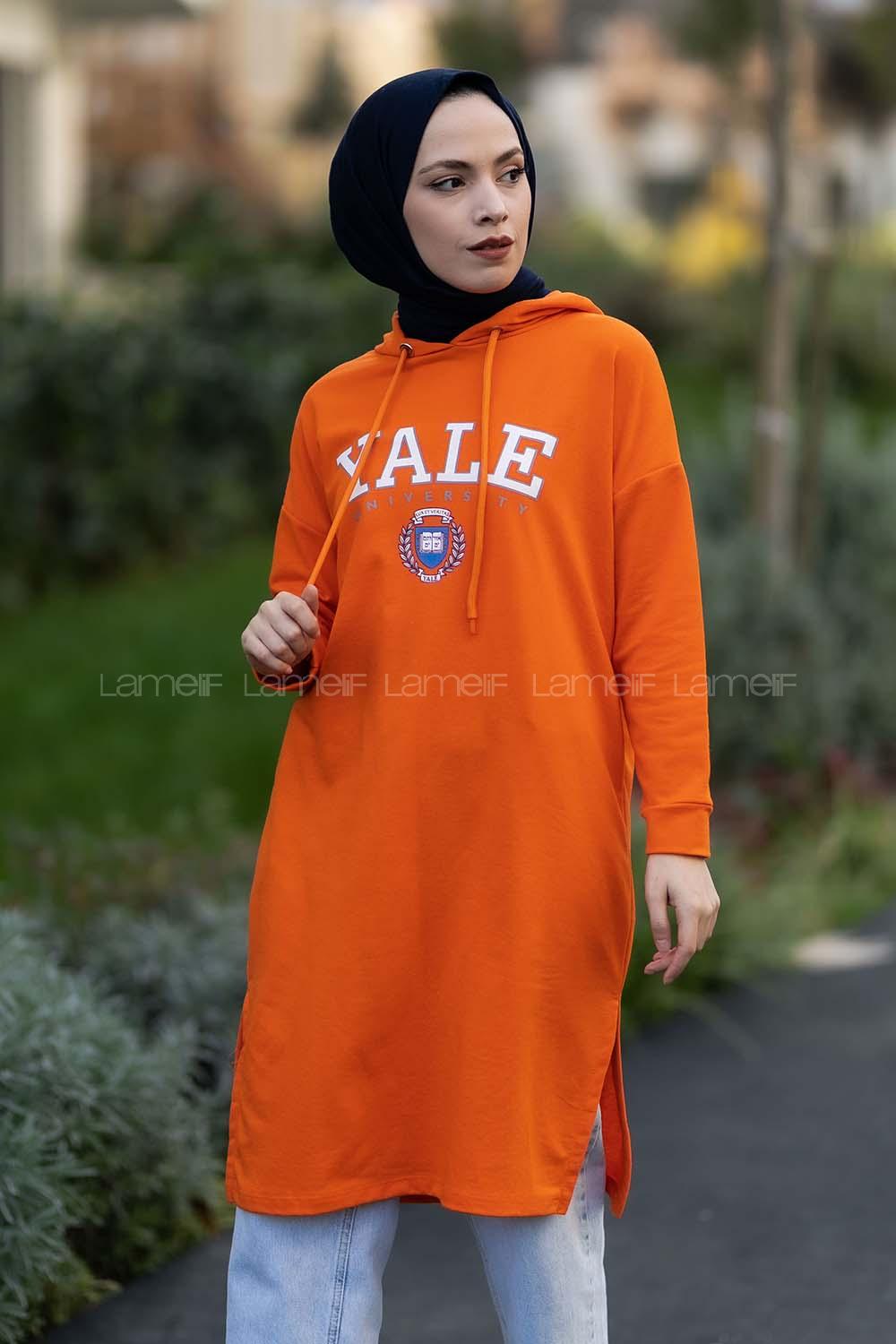 Modalamelif Kapüşonlu Yale Yazı Baskılı Yırtmaçlı Tunik Oranj